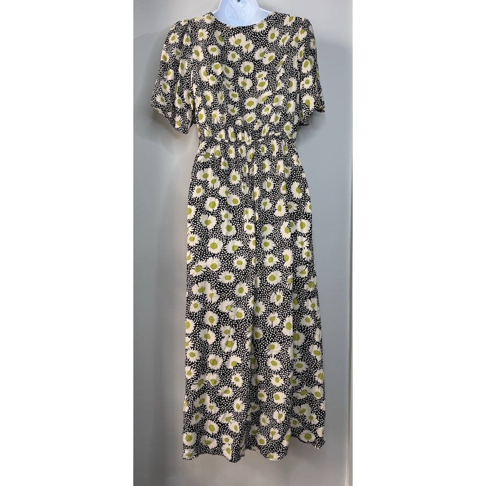 90s Daisy Floral Midi Dress 12 Black White Cottagecore Feminine Flutter Sleeve - Picture 4 of 16